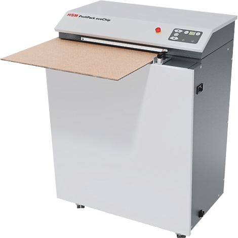 HSM ProfiPack ecoChip Kartonverarbeiter mit eingelegtem Karton vor weißem Hintergrund.