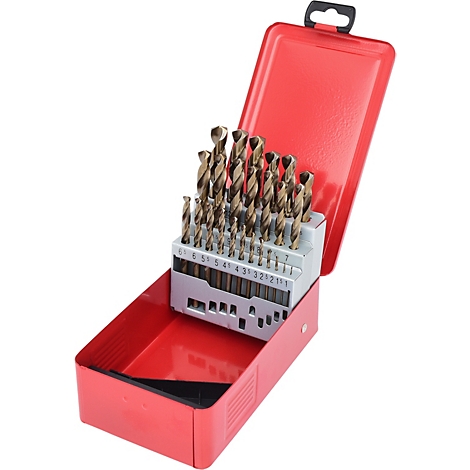 Rote Metallbox mit offenen Bohrern. Die Bohrer sind in einem Halter angeordnet und von 1 bis 7 nummeriert.