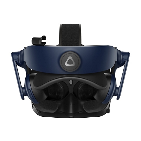 Draufsicht auf ein Virtual-Reality-Headset in Blau und Schwarz. Auf der Vorderseite ist das Logo abgebildet.