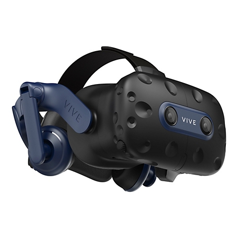 Schwarzes VR-Headset mit dunkelblauen Akzenten. Auf dem Headset steht 'VIVE'.