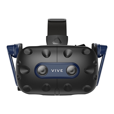 Schwarze VR-Brille mit blauen Elementen und dem Wort "VIVE" auf der Vorderseite.
