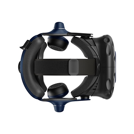 Draufsicht einer VR-Brille mit schwarzen und blauen Elementen, detailreich.