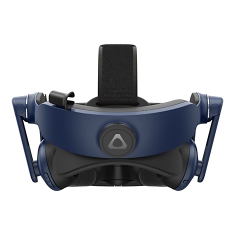 Virtuelle Realität Brille, blau, mit einem schwarzen Kopfband und dem Logo.