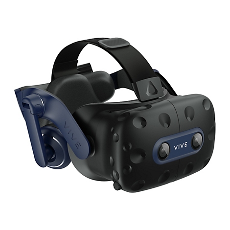 Schwarzes VR-Headset mit dunkelblauen Akzenten, inklusive Kopfband und Ohrhörer. Auf dem Headset steht 'VIVE'.