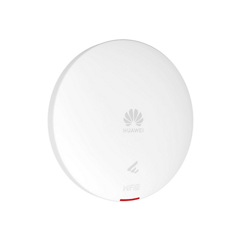 Rundes, weißes Huawei-WLAN-Gerät. Oben Logo, darunter "HUAWEI" und "WiFi 6". Roter Streifen an der Unterseite.