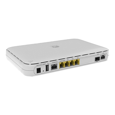 Ein weißes rechteckiges Gerät mit Anschlüssen, u.a. mit der Aufschrift HUAWEI. Oben links: 12V 2.0A, Reset-Taste und ein Logo.