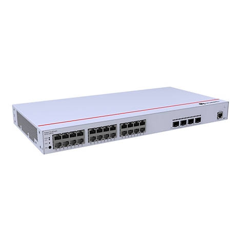 Ein weißes Huawei CloudEngine S310-24P4S Switch, mit Anschlüssen und Anzeigen. Auf der Vorderseite sind Anschlüsse mit Nummern, auf der Rückseite weitere Anschlüsse.