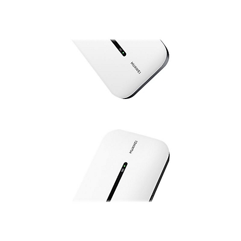 Zwei weiße Huawei-Router, einer leicht gedreht, mit schwarzem Rahmen und grünem Licht. Huawei-Schriftzug sichtbar.