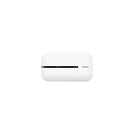 Weißer mobiler WLAN-Router mit abgerundeten Ecken, schwarzem Streifen und Huawei-Logo.