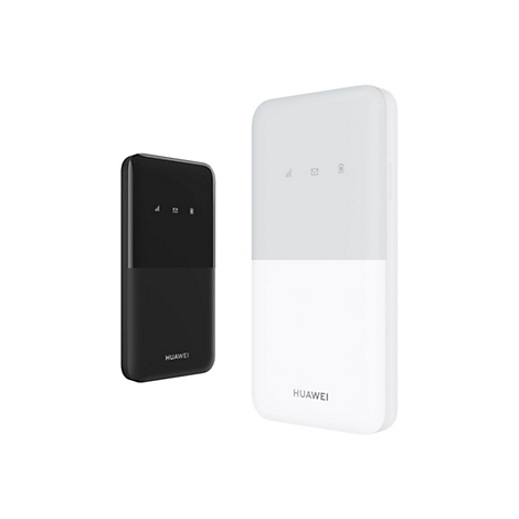 Zwei Huawei mobile WLAN-Router in Schwarz und Weiß vor weißem Hintergrund.