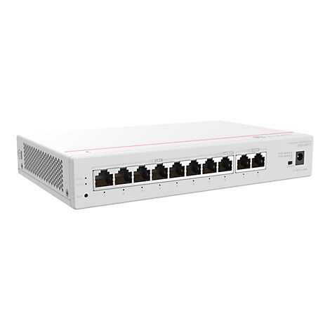 Un routeur blanc avec dix ports. Le haut porte les mentions 'GE LAN' et 'GE WAN'. Au-dessus, une ligne rouge.