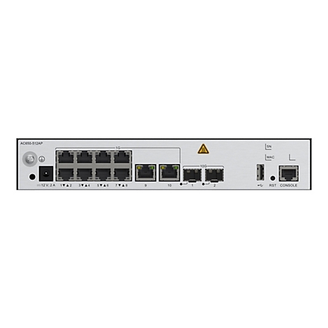 Vorderansicht eines Netzwerk-Switches AC650-512AP mit verschiedenen Ports, Anschlüssen und einer Warnanzeige.