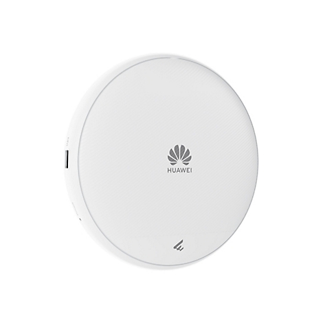 Runder, weißer Huawei-Router. Oben Huawei-Logo und Schriftzug. Seitlich Anschlüsse. Geriffelte Oberfläche.