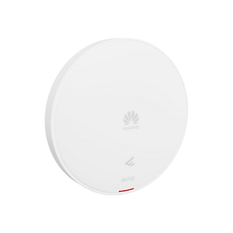 Ein weißes, rundes WLAN-Gerät von Huawei. Oben das Logo, darunter Schriftzüge und ein roter Streifen.