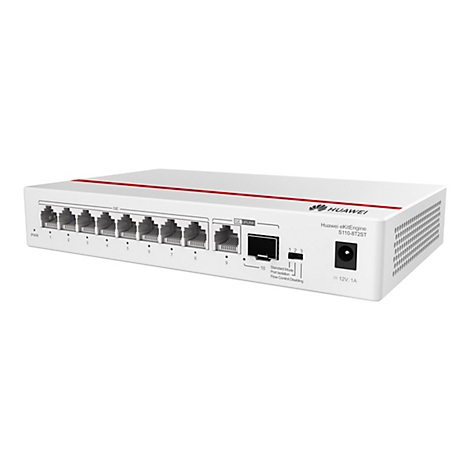 Ein weißer Router mit roten Akzenten. Auf der Front befinden sich Ethernet-Anschlüsse und LEDs. Auf der rechten Seite steht "HUAWEI" und Modellbezeichnung. 
