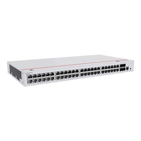 Ein weißer Netzwerk-Switch mit zahlreichen Anschlüssen, schwarzen Lüftungsschlitzen und einem roten Streifen. Das Huawei-Logo ist zu sehen.