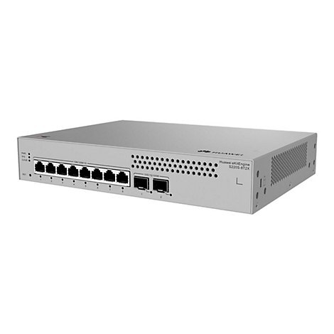 Grauer Netzwerk-Switch mit Ports und Beschriftung. Links befinden sich Lichter und eine "RST"-Taste. Auf der rechten Seite ist der Schriftzug "Huawei eKitEngine S220S-8T2X" zu sehen.