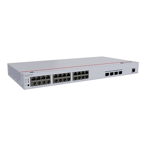 Ein grauer Huawei eKitEngine Switch S310-24P4X mit zahlreichen Anschlüssen und Anzeigen. Die Anschlüsse sind in Reihen angeordnet, daneben befinden sich Leuchten für den Betriebsstatus und andere Funktionen. Das Huawei-Logo ist deutlich sichtbar.