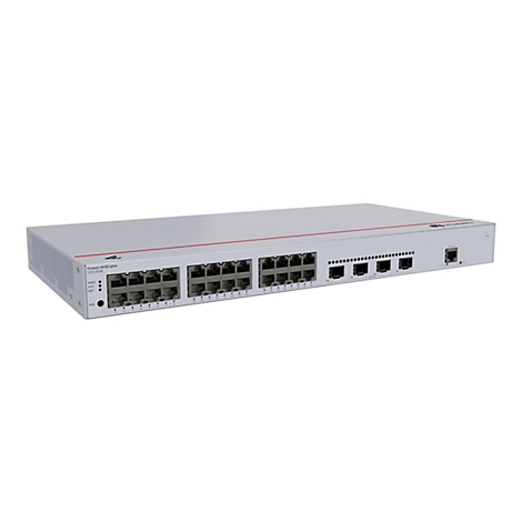 Ein silberfarbener Huawei eKitEngine Switch vor weißem Hintergrund. Der Switch hat viele Ports und Anschlüsse.