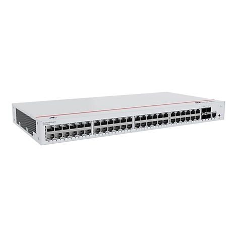 Ein weißer Huawei Netzwerk-Switch mit Ports und Beschriftungen. Das Gerät steht vor weißem Hintergrund.