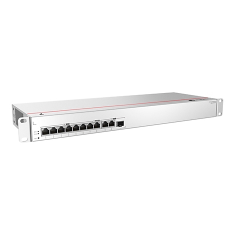 Ein grauer Netzwerk-Switch mit Ports und Kontrollleuchten. Auf der Oberseite befindet sich ein roter Streifen und der Schriftzug "Huawei".