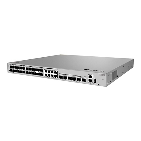 Ein silberner Huawei Switch, Modell S530-24ST4XE, mit zahlreichen Anschlüssen und dem Huawei Logo.