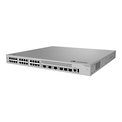 Ein silberner Huawei eKitEngine S530-24T4XE Switch, frontal in einer erhöhten Perspektive. Er hat viele Anschlüsse, Knöpfe, Anzeigen und einen Markenaufdruck.
