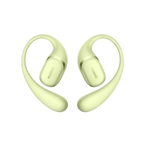 Zwei hellgrüne Huawei Open-Ear-Kopfhörer in C-Form auf weißem Hintergrund.