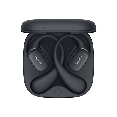 Schwarze Huawei Open-Ear Kopfhörer mit Ladecase bei geöffnetem Deckel vor weißem Hintergrund.