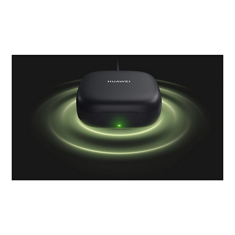 Drahtlose Ladebox mit Kopfhörer. Auf der Box steht "HUAWEI". Der Hintergrund ist dunkelgrün und zeigt Energie in Ringen.