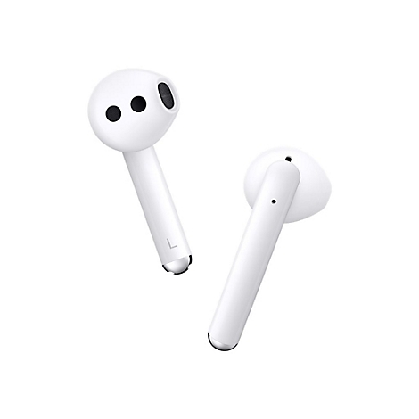 Zwei weiße kabellose Ohrhörer vor weißem Hintergrund. Der linke Ohrhörer hat drei schwarze Punkte, der rechte hat einen einzelnen Punkt.