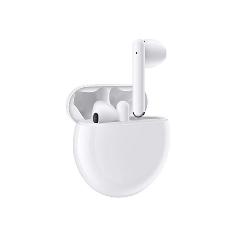 Weiße Kopfhörer in einer geöffneten Ladeschale, Ohrhörer leicht herausragend.