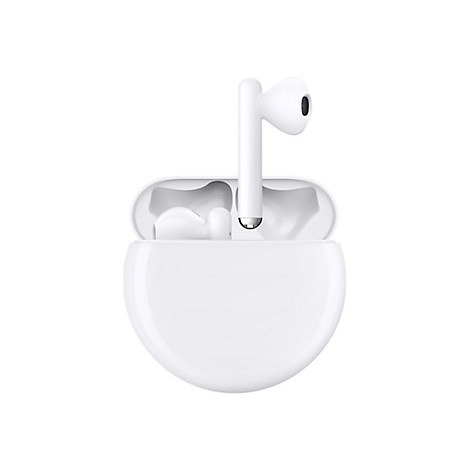 Weiße Kopfhörer in einer geöffneten Ladebox. Ein Kopfhörer ist aus der Box herausgenommen.