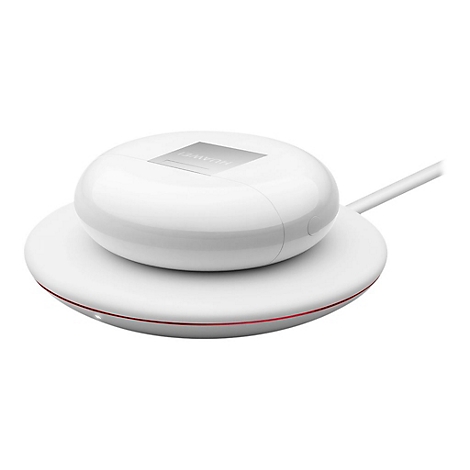 Kabellose Kopfhörer auf Ladestation. Weißes Design, roter Akzent. Auf der Oberseite steht HUAWEI.