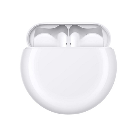 Weisse Ohrhörer in einer Ladebox, geöffnet. Die Ohrhörer sind im Inneren der Box sichtbar.