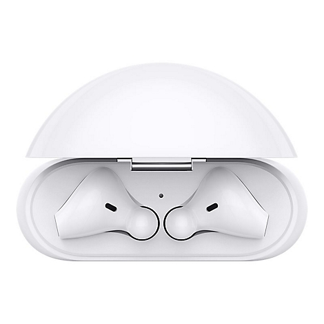 Weiße Kopfhörer in einer geöffneten Ladebox. Deckel halb geöffnet. Beide Kopfhörer sind zu sehen.