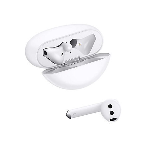 Weiße Kopfhörer in einer geöffneten Ladebox und ein einzelner Kopfhörer. Der Deckel der Box ist geöffnet, der Kopfhörer liegt im Inneren.