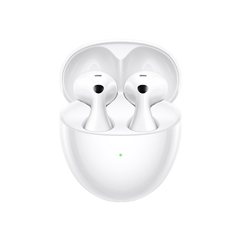 Weiße, kabellose In-Ear-Kopfhörer in einem geöffneten, weißen Ladecase vor neutralem Hintergrund.
