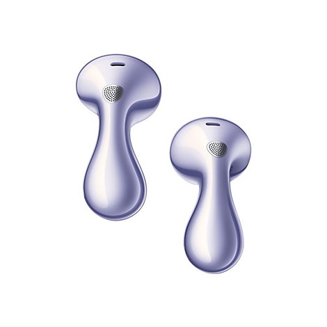 Zwei glänzend violette In-Ear-Kopfhörer vor weißem Hintergrund.