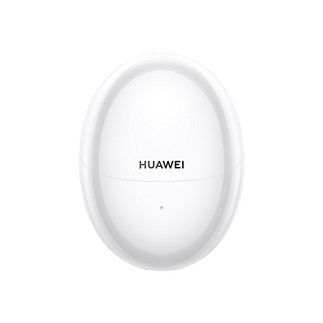Weißes, ovales Ladecase für Huawei Kopfhörer mit Logo und kleiner LED auf weißem Hintergrund.