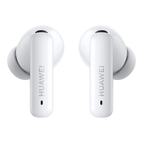 Zwei weiße Huawei In-Ear-Kopfhörer vor weißem Hintergrund.