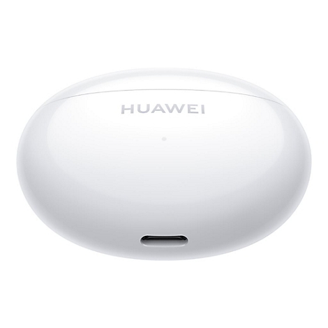 Weißes, ovales Ladecase für Huawei Kopfhörer mit USB-C-Anschluss auf der Unterseite.