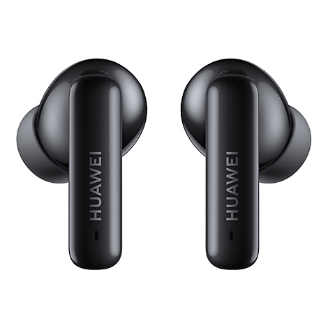 Zwei schwarze glänzende Huawei In-Ear-Kopfhörer vor weißem Hintergrund mit gut sichtbarem Huawei-Logo.