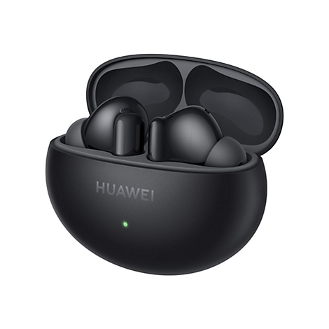 Schwarze Huawei In-Ear-Kopfhörer in einem geöffneten Ladecase vor weißem Hintergrund.