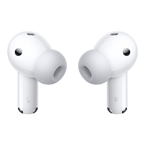Zwei weiße In-Ear-Kopfhörer mit Silikonaufsätzen vor weißem Hintergrund, gekennzeichnet mit L und R.