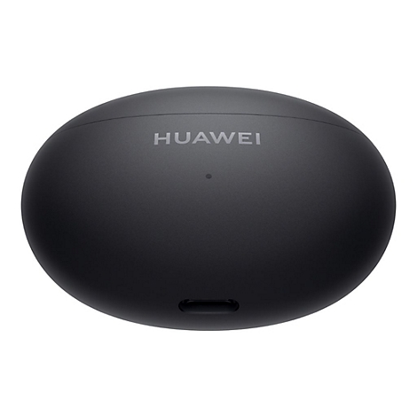 Schwarzes, ovales Ladecase für Huawei Kopfhörer mit Markenlogo und Ladeanschluss vor weißem Hintergrund.