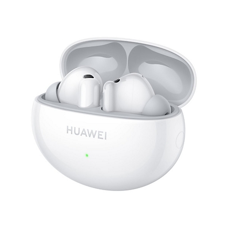 Weiße Huawei In-Ear-Kopfhörer in einem geöffneten, weißen Ladecase vor neutralem Hintergrund.