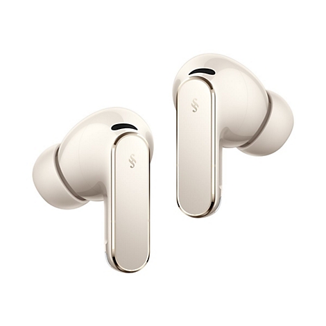 Zwei cremefarbene, elegante In-Ear-Kopfhörer mit goldenen Akzenten vor einem weißen Hintergrund.