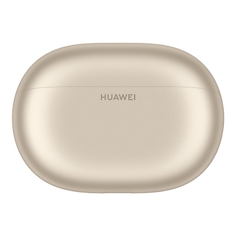 Geschlossenes, ovales Ladecase für Huawei Kopfhörer in schimmerndem Gold vor weißem Hintergrund.