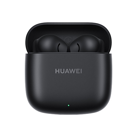 Schwarzes Huawei Ladecase mit geöffnetem Deckel und zwei eingesetzten schwarzen In-Ear-Kopfhörern.